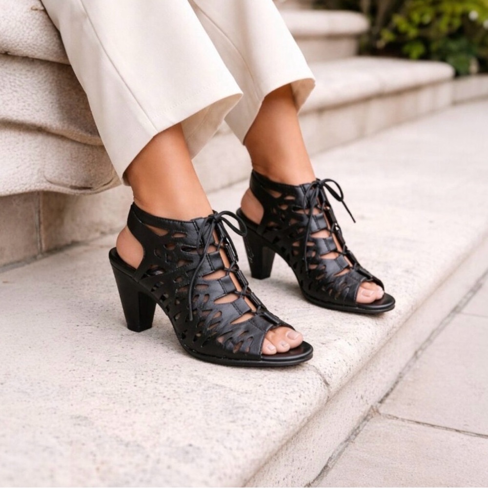 TOP Moda Black Lace-Up Peep Toe Caged Sandal Heels | Sizes 8.5, 9 & 10